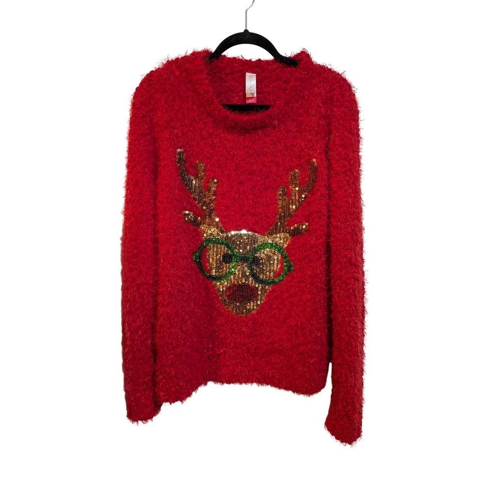 Ugly Christmas Sweater XL Red Fluffy Fuzzy Reindeer Eyeglasses Sequins Glam XL